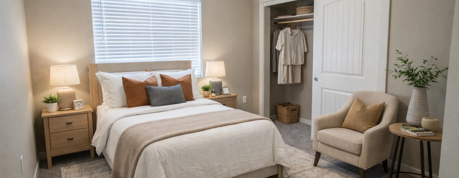 a bedroom with a bed and chair