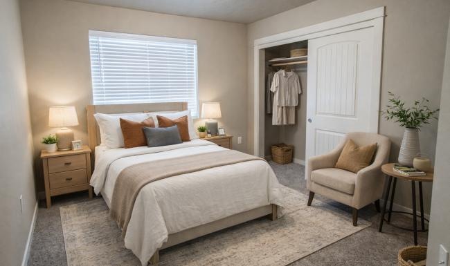 a bedroom with a bed and chair