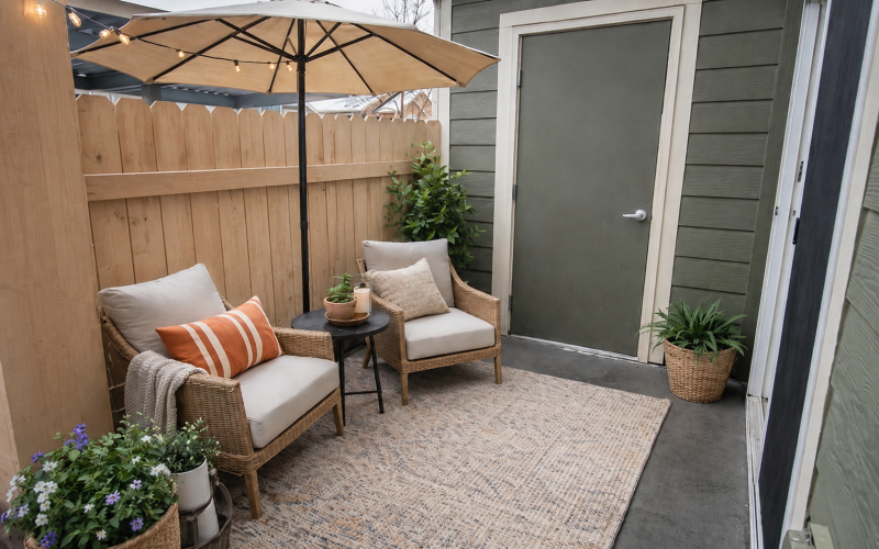 a patio with a patio furniture and a table with a white umbrella