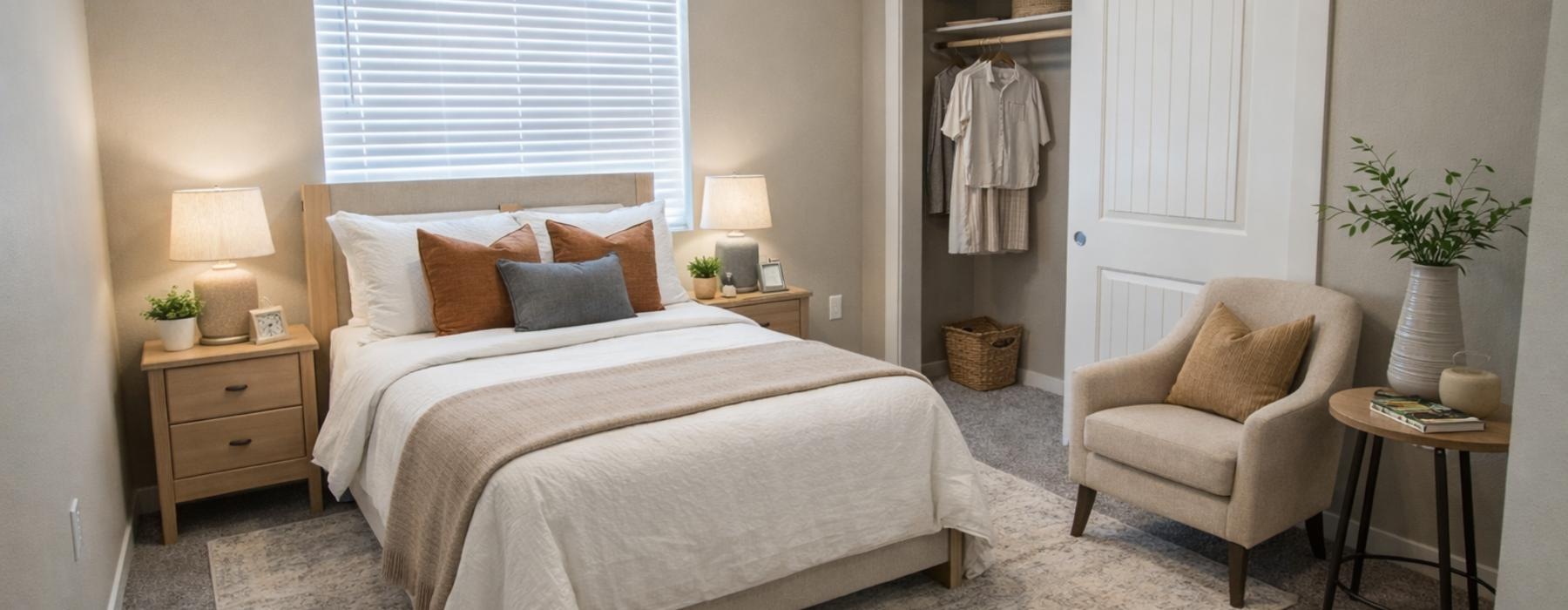 a bedroom with a bed and chair