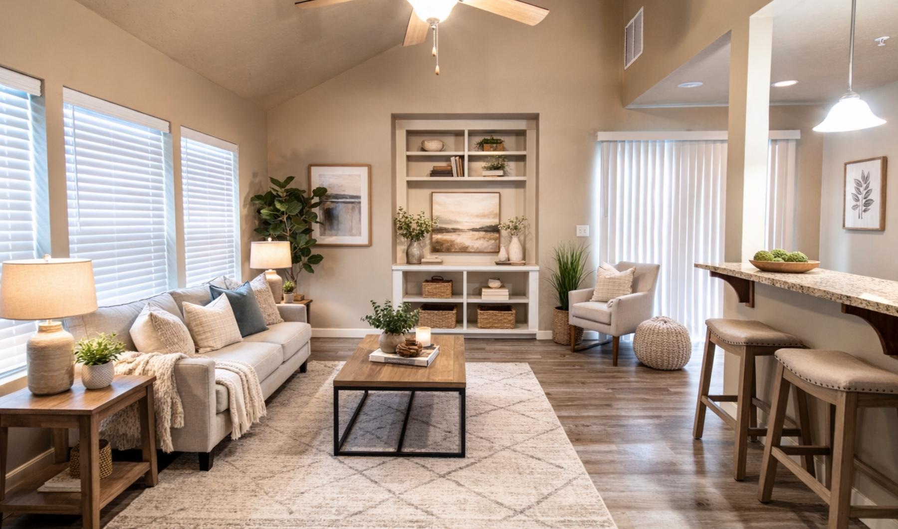 a living room with a wood floor