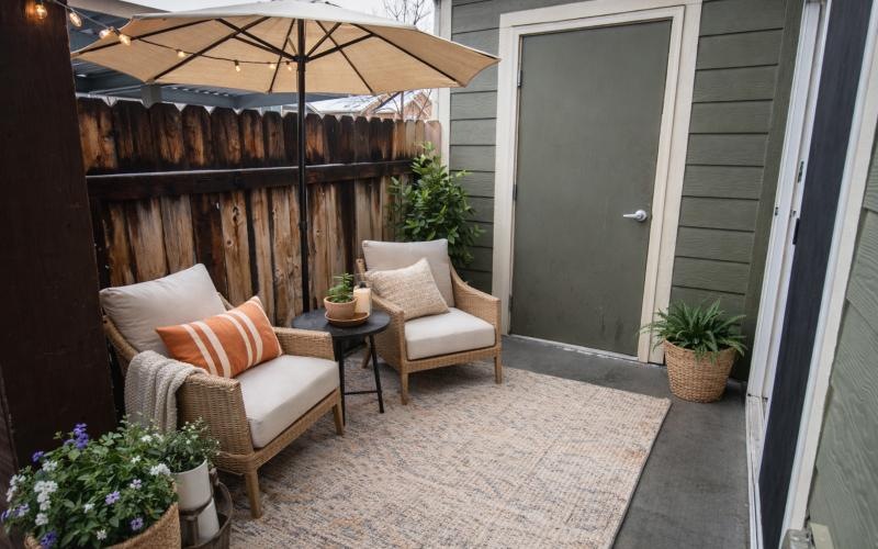 a patio with a patio furniture and a table with a white umbrella
